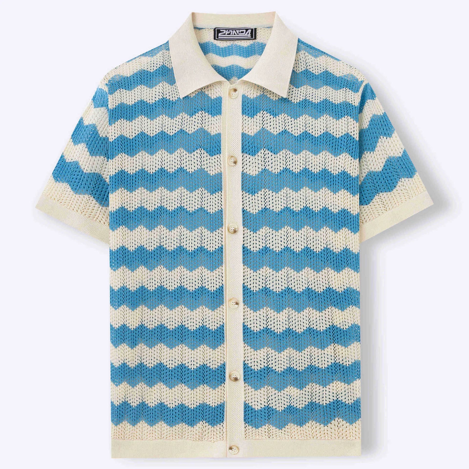 Short-sleeved yellow corrugated knit sweater with flocking detail on a hanger.