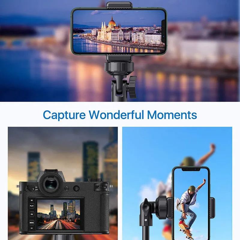 Black aluminium selfie stick tripod with 5 sections, compatible with Apple iPhones