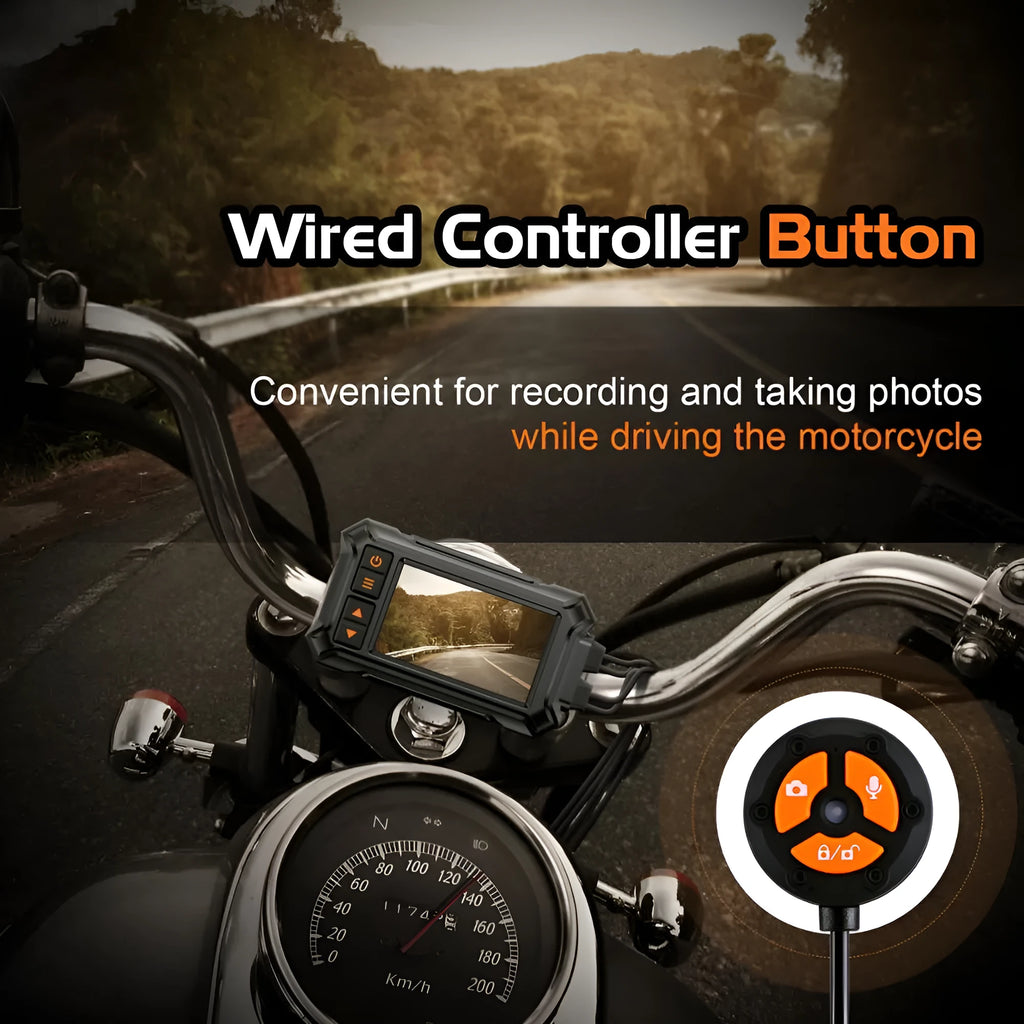3-inch motorcycle dash camera with dual lenses, GPS module, and cables on a motorcycle handlebar