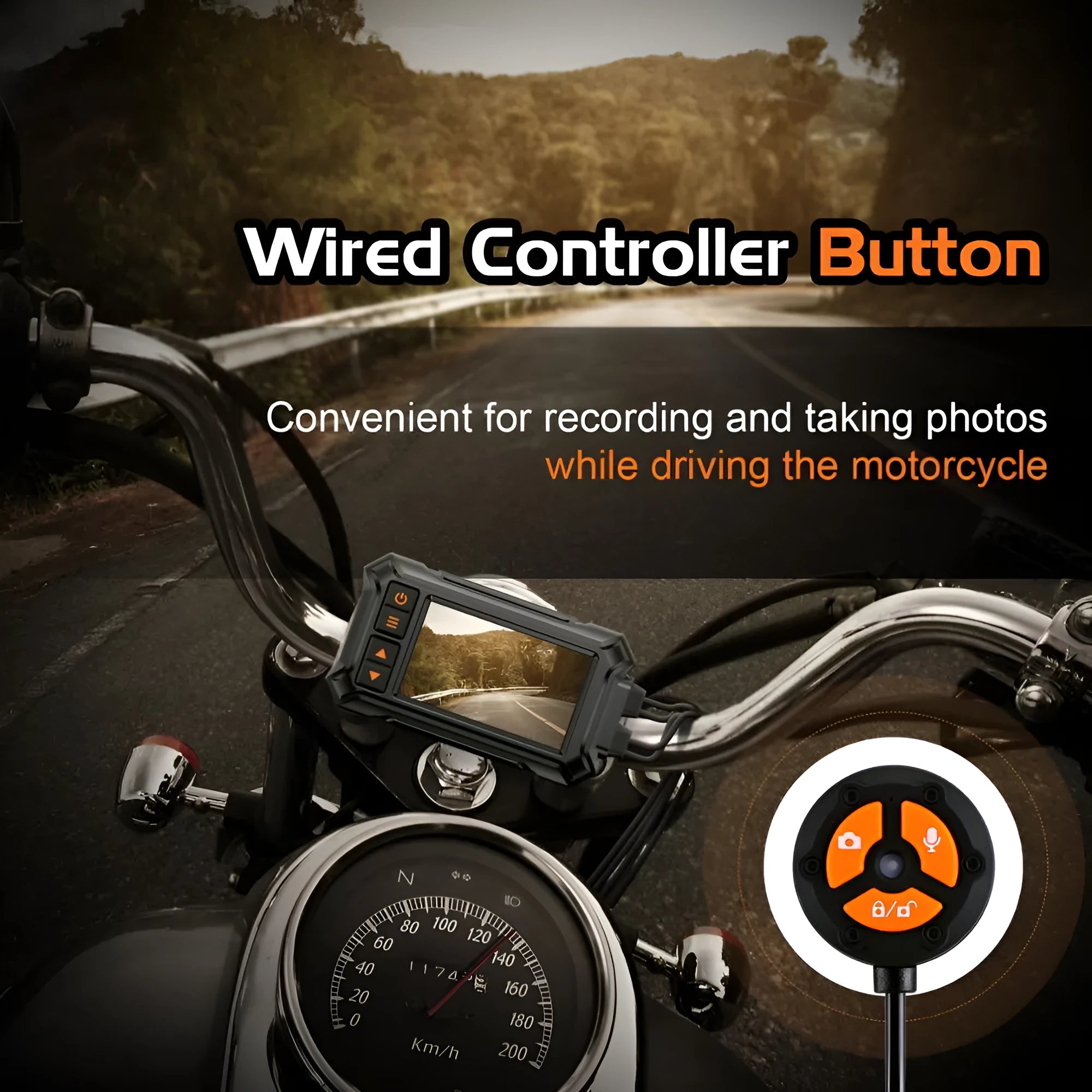 3-inch motorcycle dash camera with dual lenses, GPS module, and cables on a motorcycle handlebar