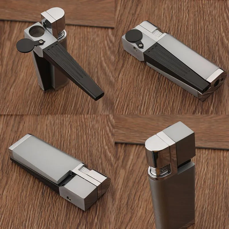 Silver foldable metal pipe lighter showing open flame and stash compartment.