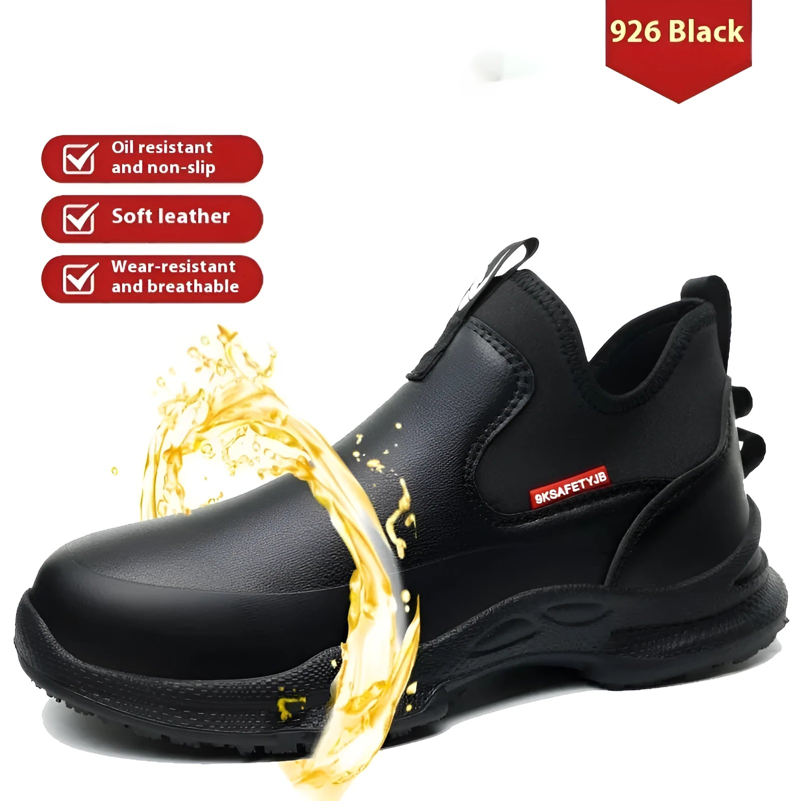 Black men's waterproof work safety shoes with high-cut microfiber leather upper and rubber soles