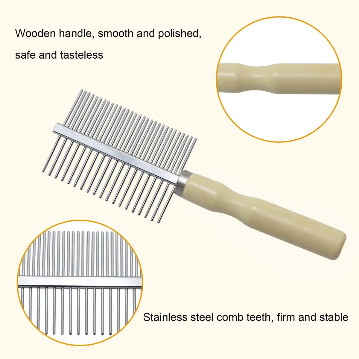 Wooden handle pet grooming comb for dogs and cats with rounded safety needles