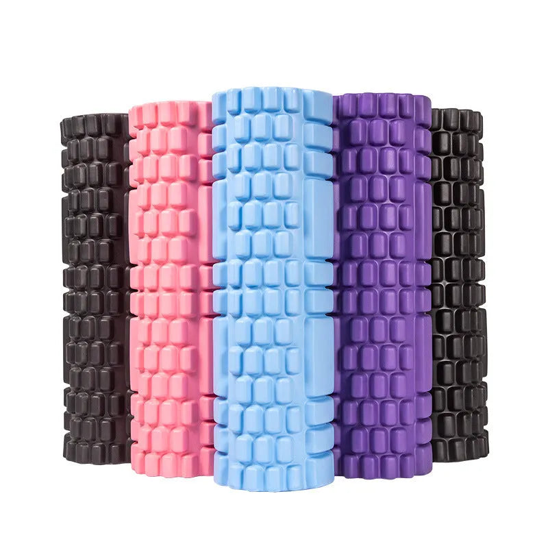 EVA foam roller for fitness in black, grey, pink, sky blue, or light purple, showing 30cm and 33cm diameter options.