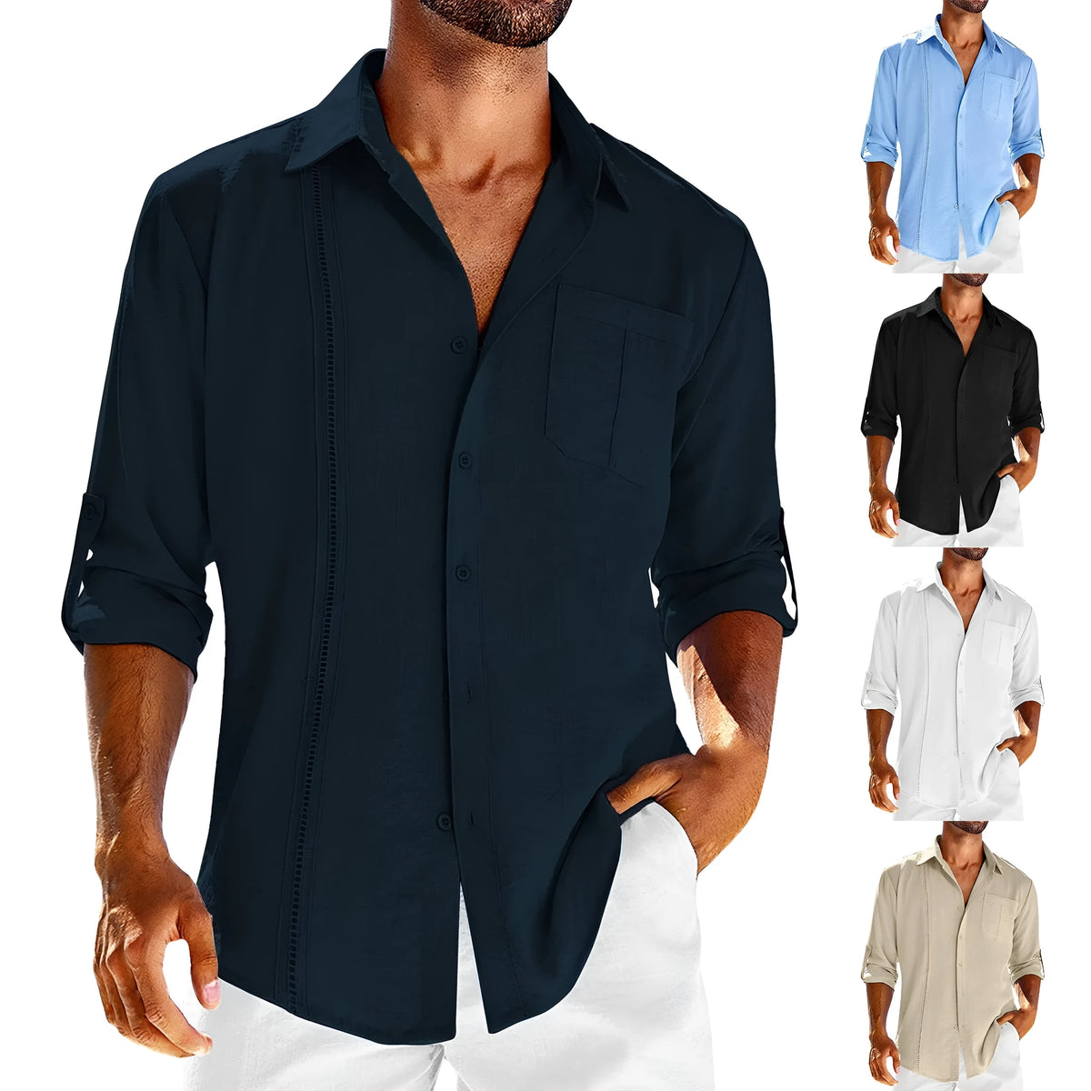 Men's casual long sleeve shirt with polo collar and chest pocket in a solid colour.