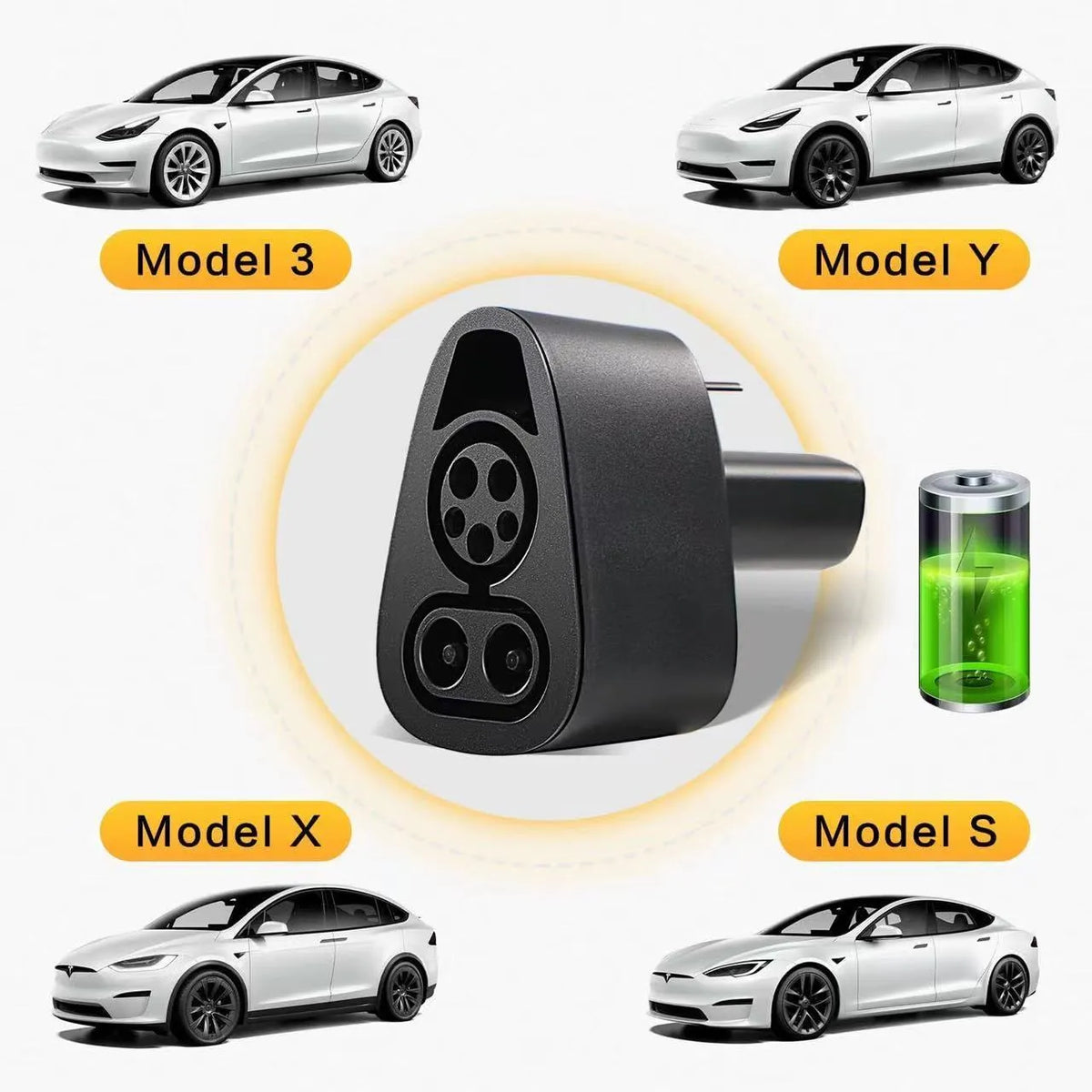 Black Tesla charging plug conversion adapter showing connector interfaces and housing