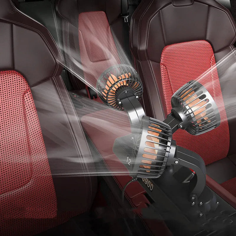 12V three-head adjustable car cooling fan with cigarette lighter plug on a 1.3m cable.
