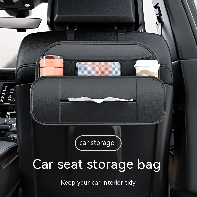 Black leather car seat rear storage bag with adjustable compartments mounted on vehicle seat