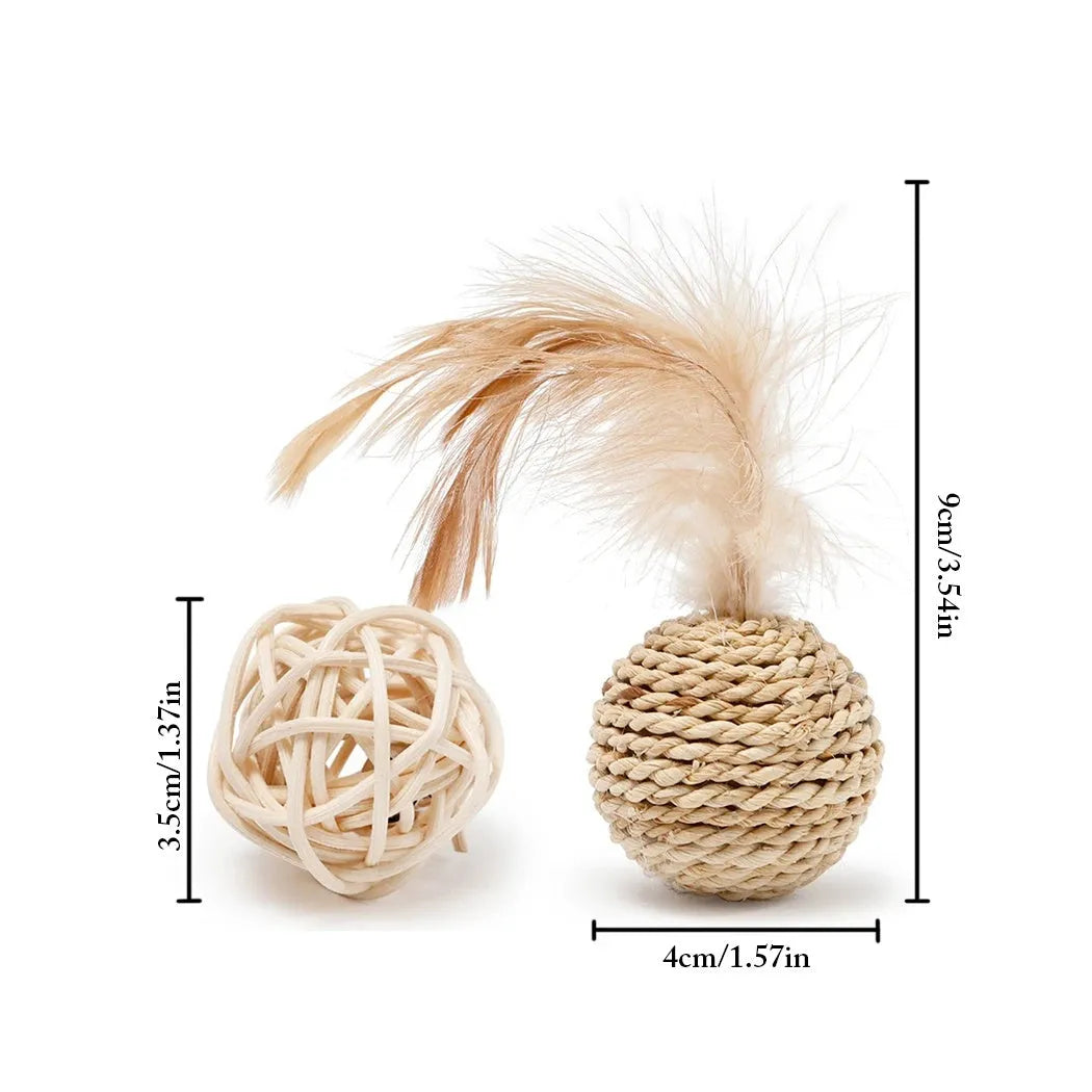 Primary colour cat toy set showing a rattan ball and a faux feather ball with bell.