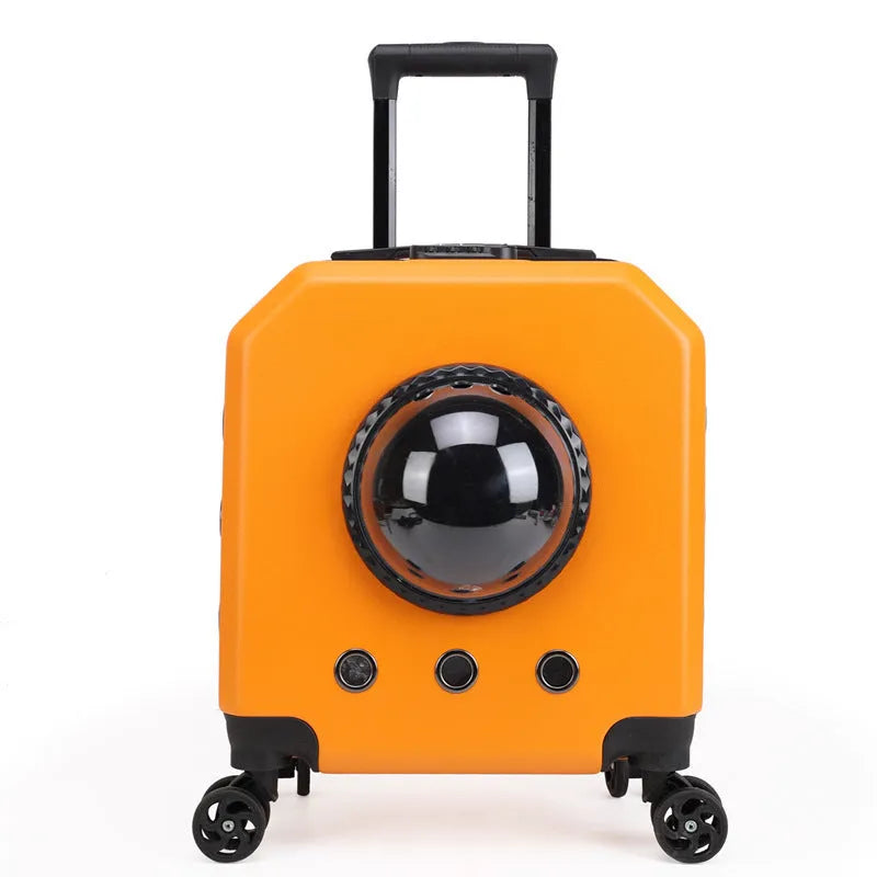Hard-sided pink PVC pet trolley case with wheels and a luggage compartment.