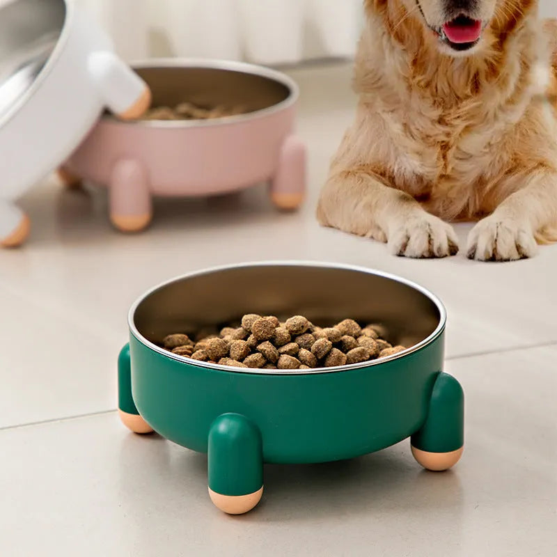 Stainless steel pet bowl with non-slip base and high foot in green, pink, and white colour options