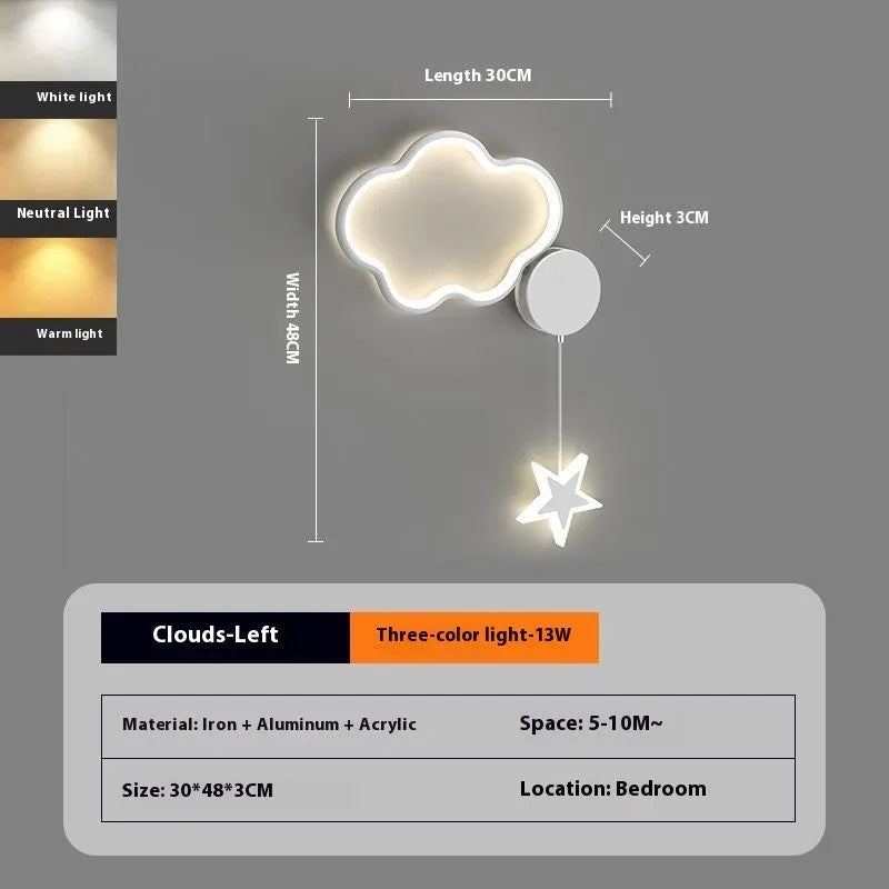 White cloud-shaped children's wall lamp with 3-colour LED light mounted beside a bed.