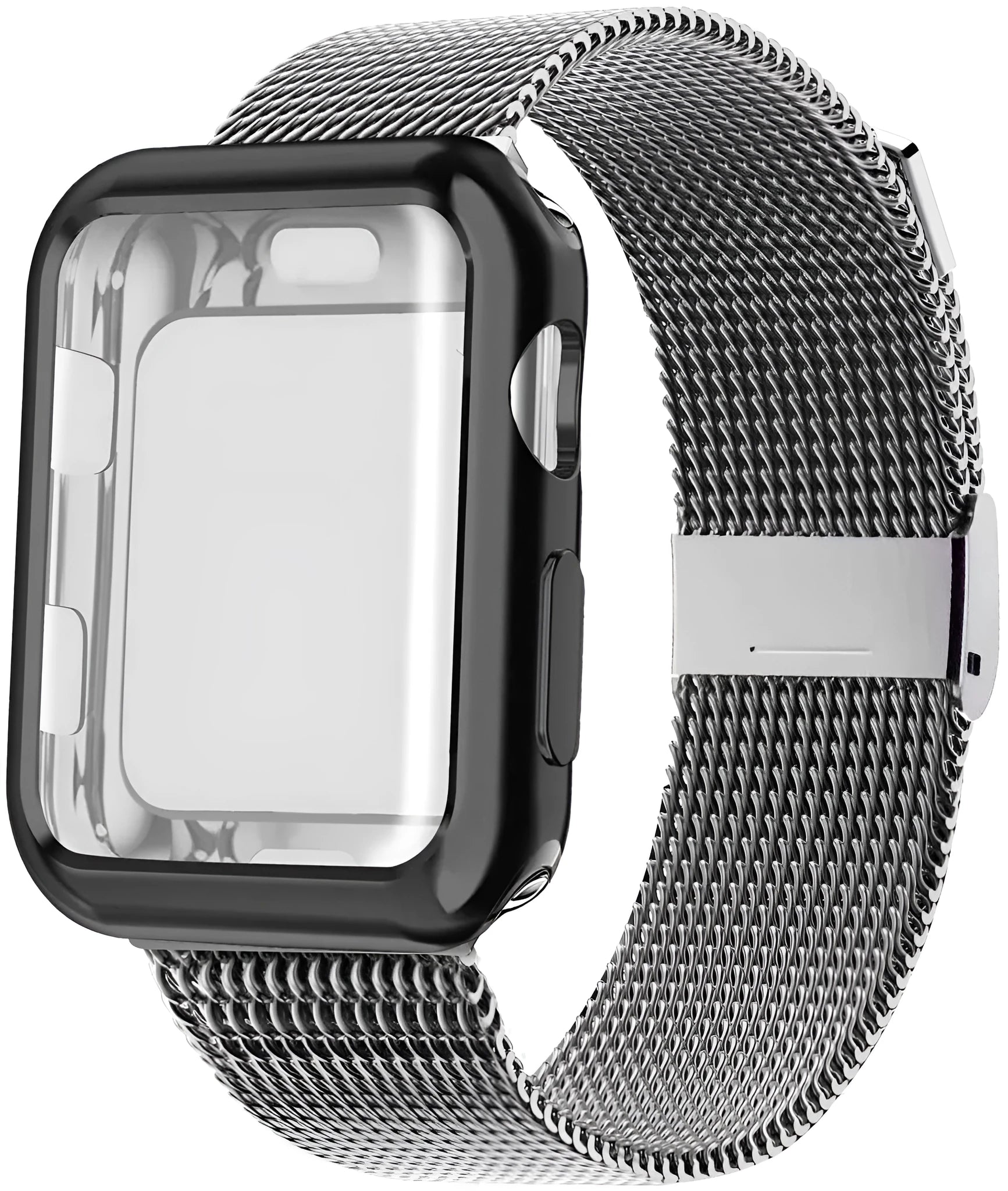 Magnetic metal Milan wristband for Apple Watch on wrist, showing clasp and mesh detail.