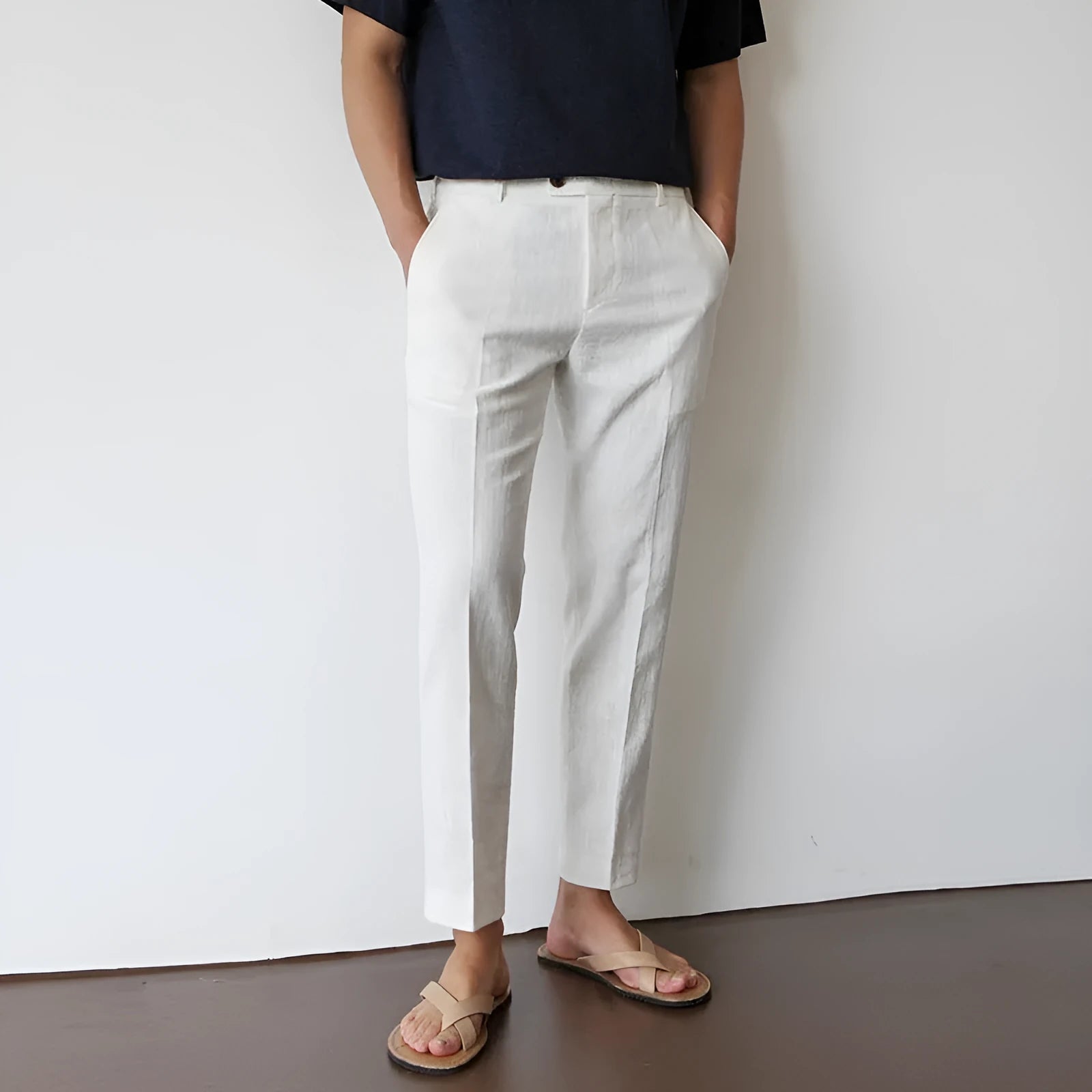 Men's cotton linen cropped straight-leg trousers in white, summer youth style with elastic waist