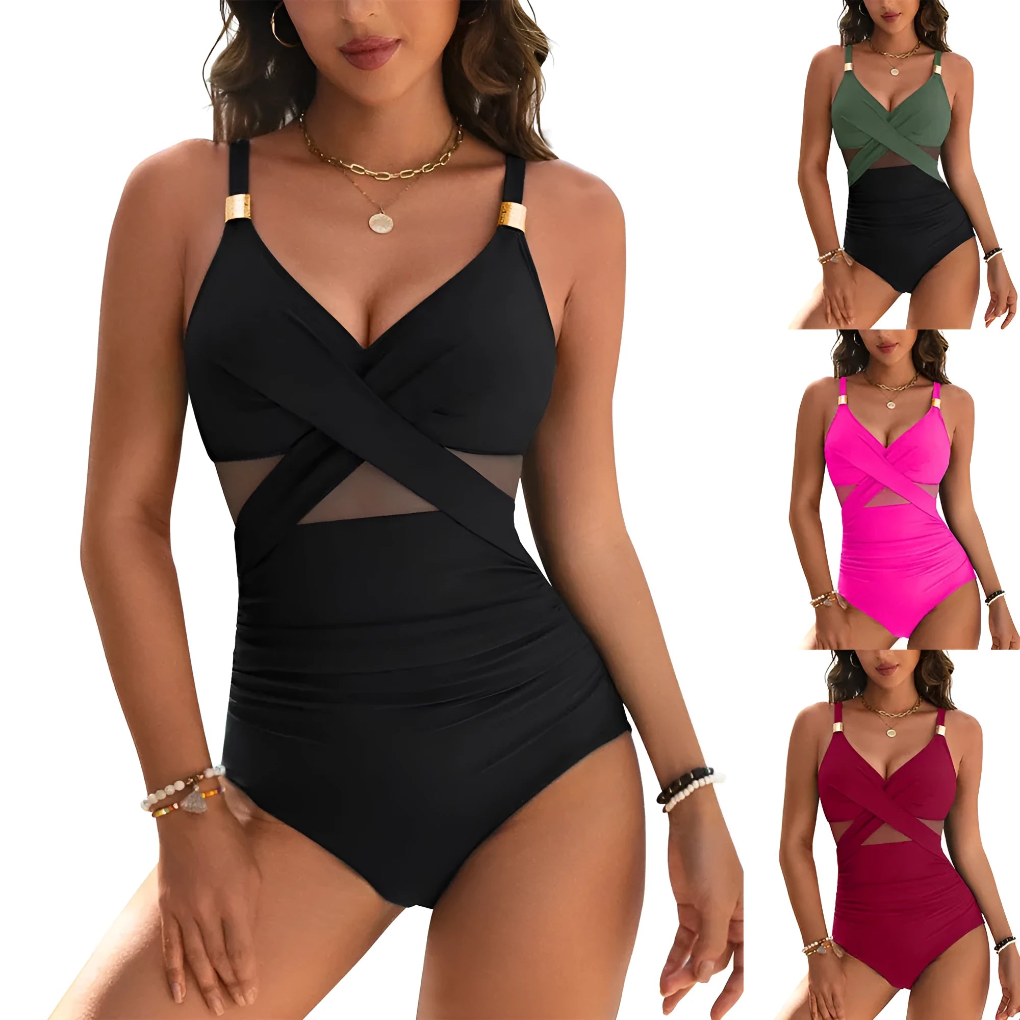 Women's one-piece mesh swimsuit in solid colour, sleeveless, made from nylon and spandex, available in black and other colours