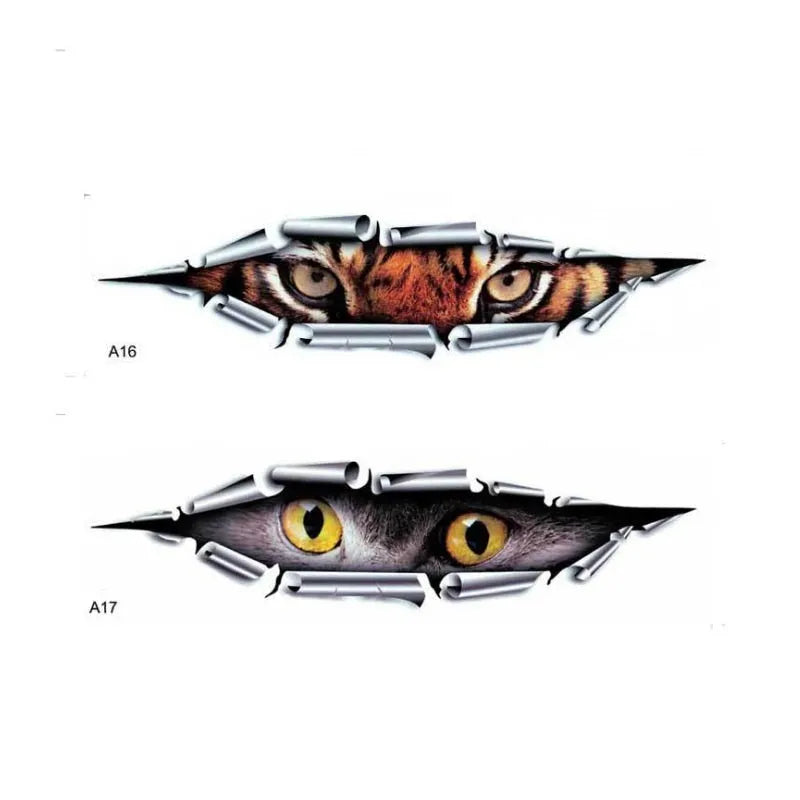 3D Tiger Eye and Eagle Eye car bumper sticker on vehicle door measuring 10x35cm