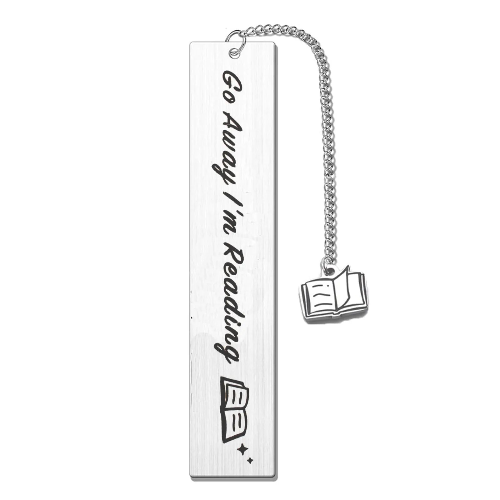 Metal tassel bookmark with stainless steel lettering, shown in one of five colours, next to its gift box.
