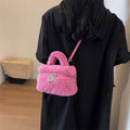 Soft plush women's shoulder bag in cream white, box shape with visible stitching and zipper pocket, street-trend style