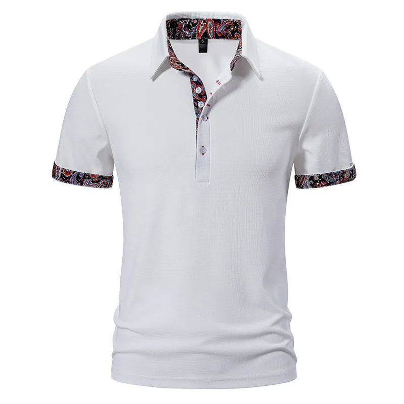 Men's short sleeve polo shirt with colour contrast stitching on turnover collar in cotton blend fabric