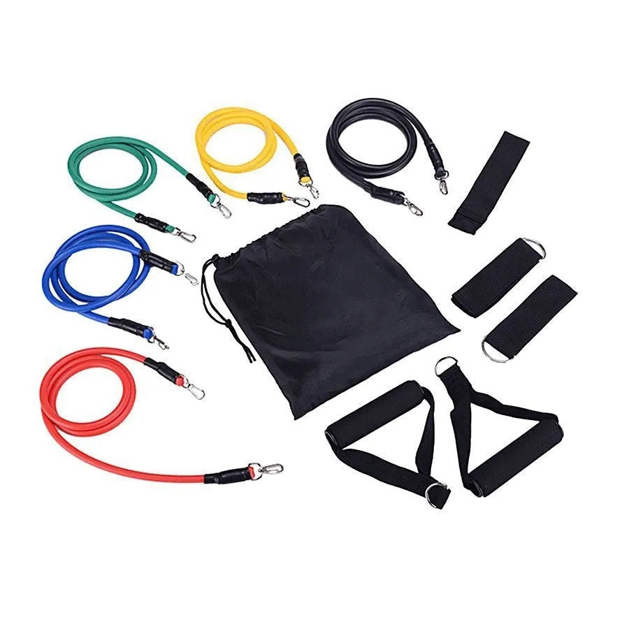 11-piece door sports combination pulling rope fitness set with large hook and small hook options on a white background.