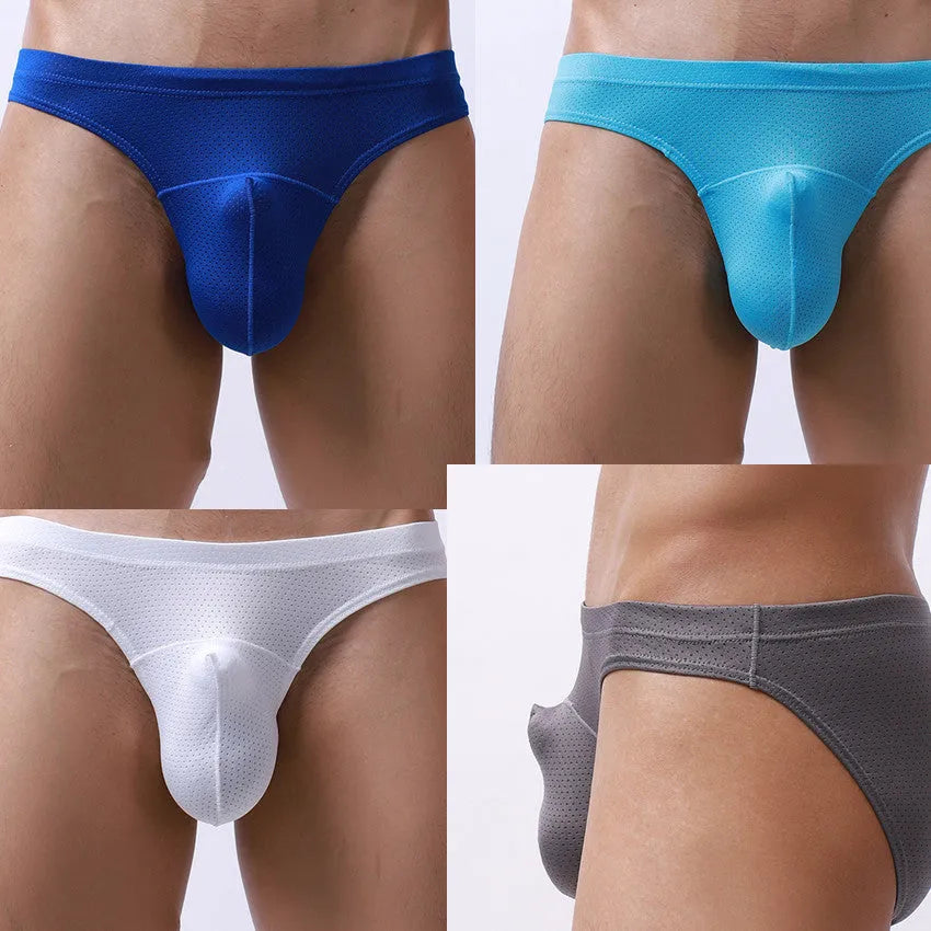 Men's transparent loose fit nylon underwear shown in blue, black, white, grey, and sky blue colours.