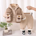 Beige khaki and green boys fleece lined cotton three piece suit with hooded top, trousers, and vest