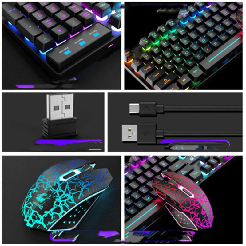 T3 wireless keyboard and mouse set with charging station showing backlit rainbow keys and photoelectric mouse