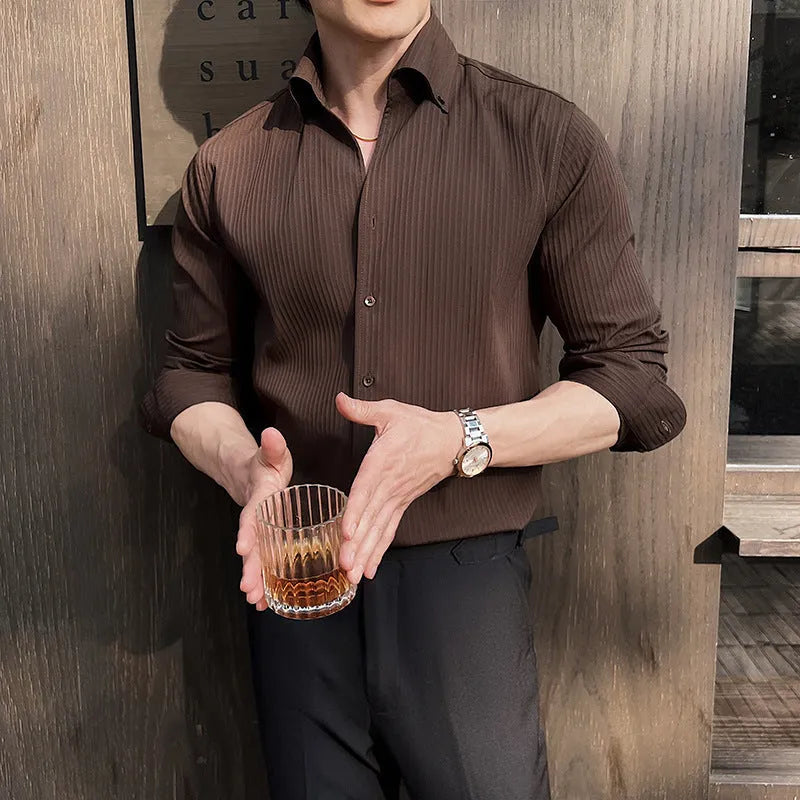 Men's dark striped V-neck long sleeve shirt in regular fit cardigan style