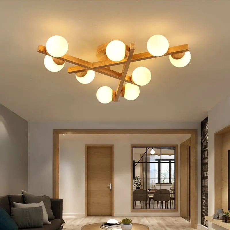 Modern wooden style ceiling lamp with three adjustable light heads emitting neutral white illumination