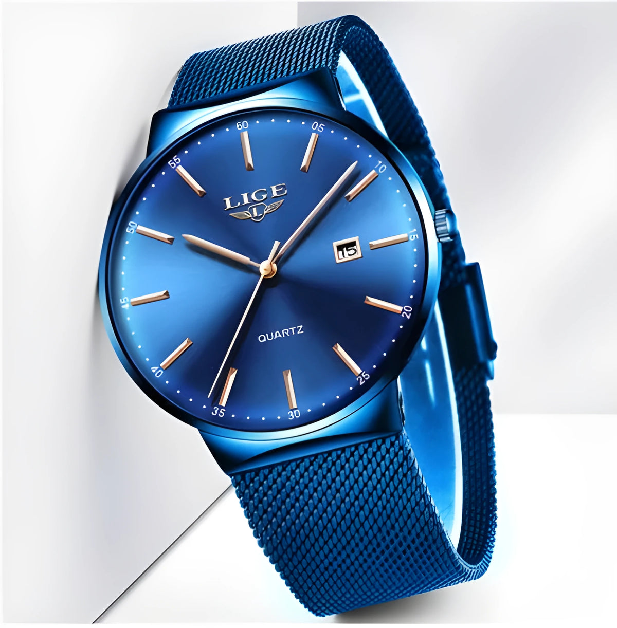 Men's stainless steel watch with 40mm dial on a metal bracelet in black, blue, or two-tone colour
