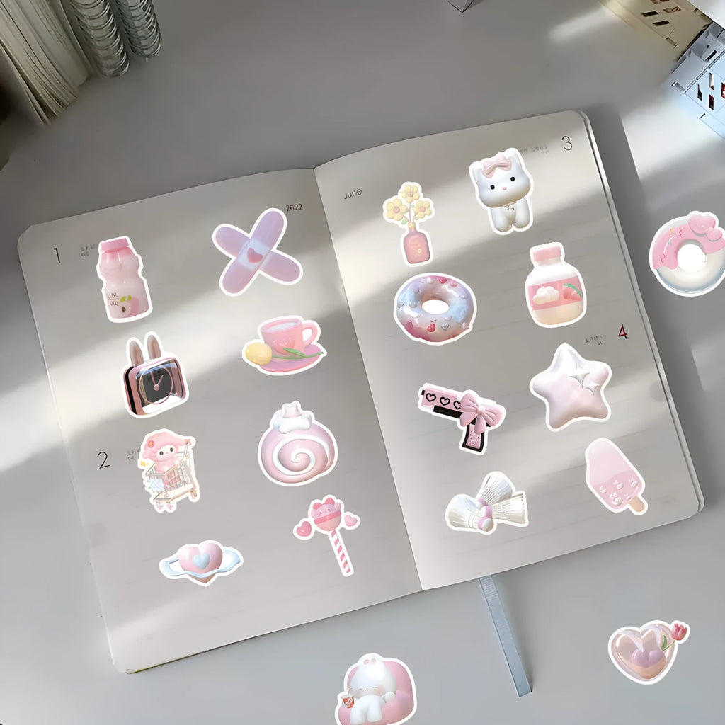Pink girl heart 3D decorative stickers in two pattern variations, 63 pieces per pack