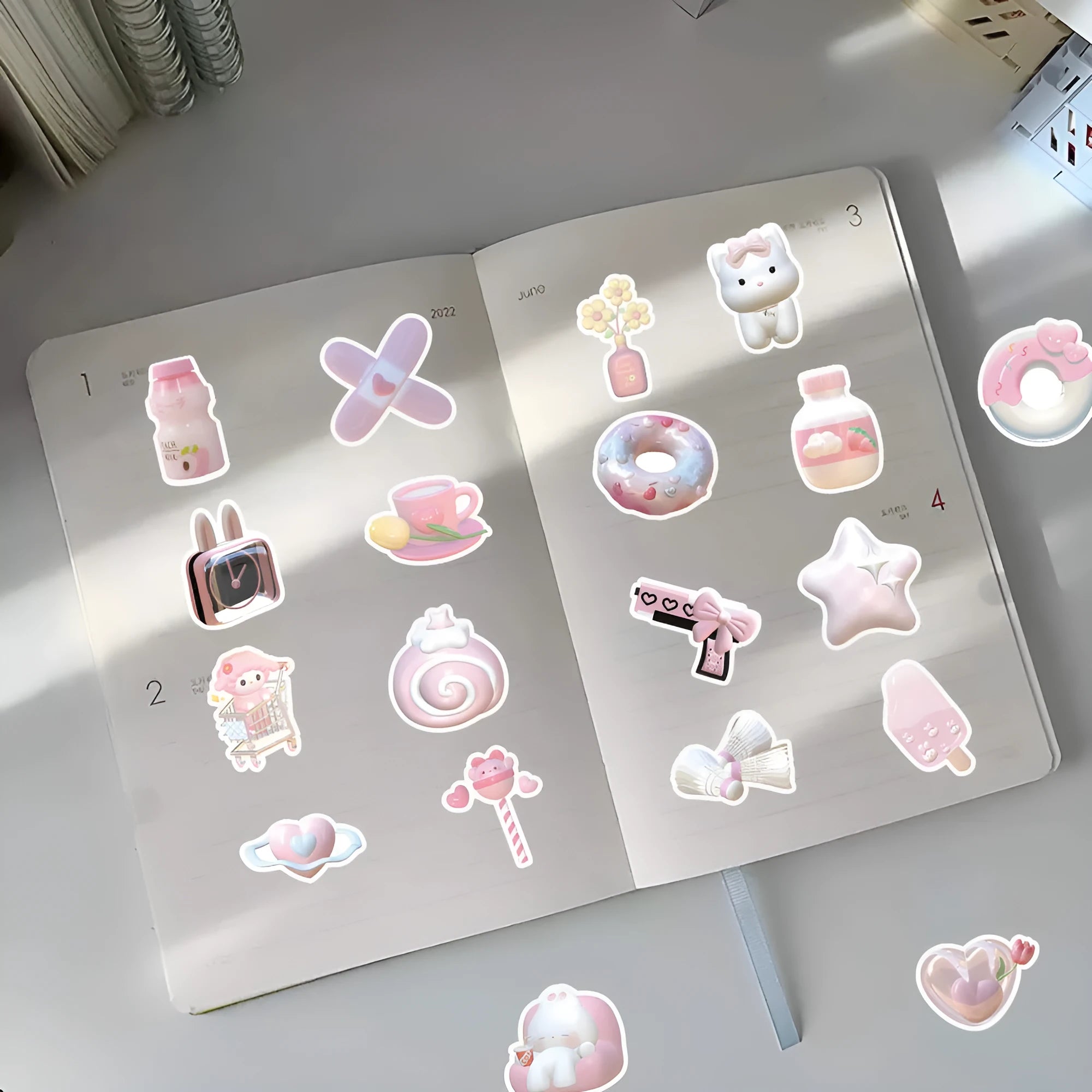 Pink girl heart 3D decorative stickers in two pattern variations, 63 pieces per pack