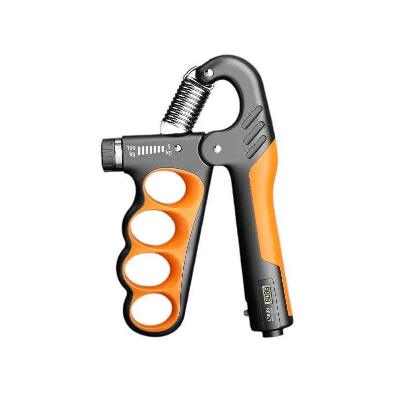 Adjustable electronic count spring grip hand exerciser in orange, red, or grey colour.