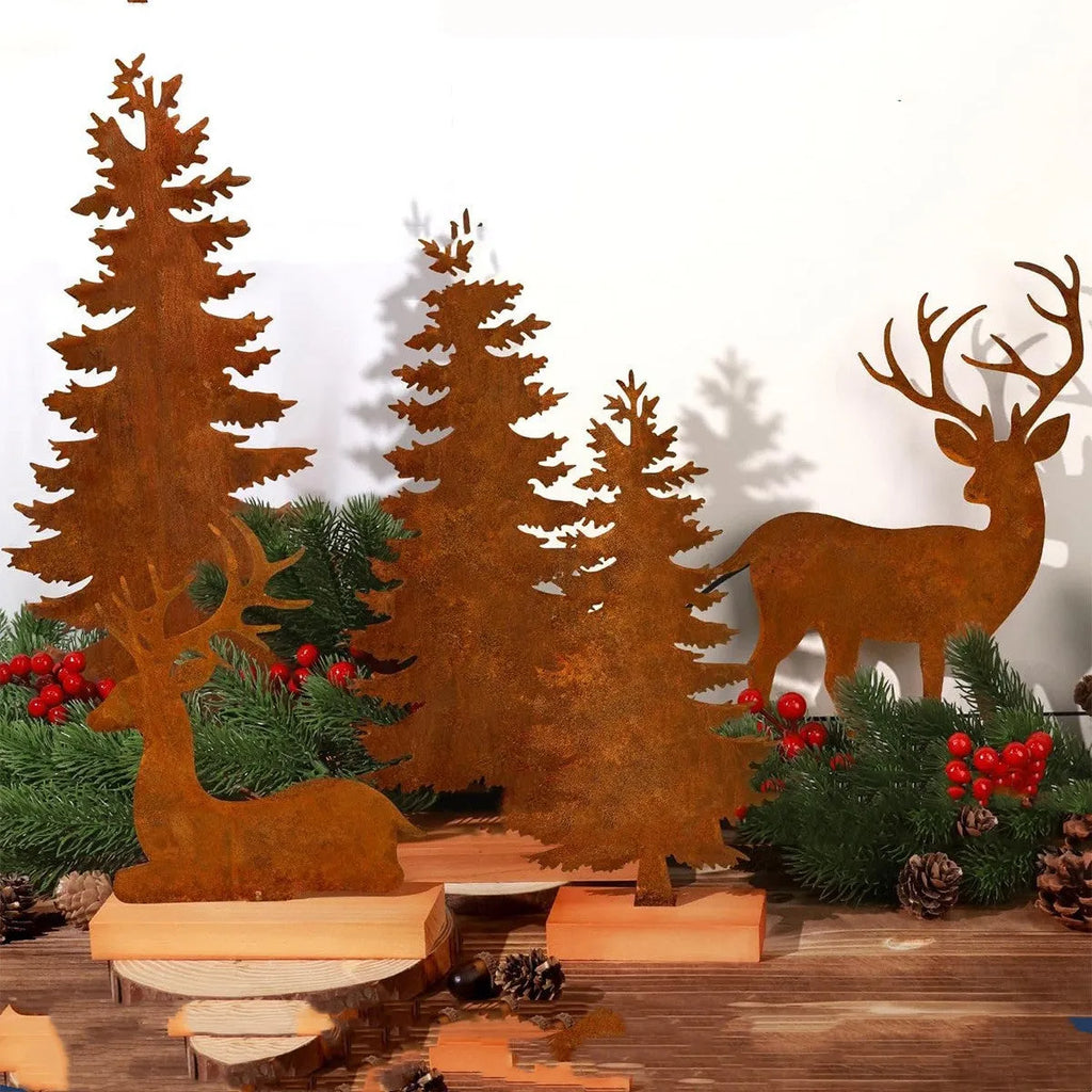 Set of three rustic metal Christmas tree ornaments with integrated elk designs, iron construction, antiqued finish.