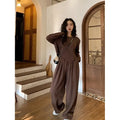 Women's khaki casual sports suit two-piece set with loose fit design and Japanese Korean styling