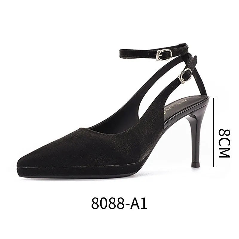 Black waterproof platform stiletto heels with pointed toe, suede or satin finish, 8cm to 12cm heel