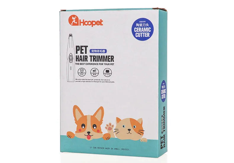 White rechargeable pet grooming trimmer with ceramic blade, USB charging and compact 16cm body for paw and foot trimming