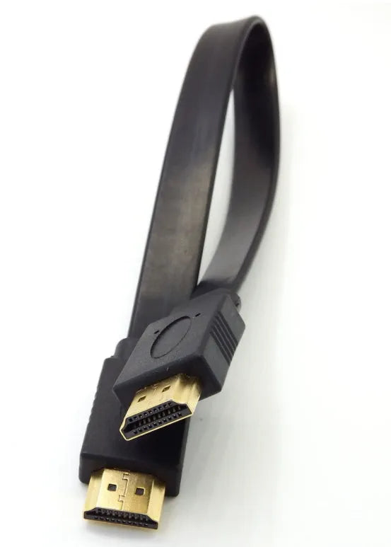 HDMI 1.4 flat cable with gold connectors showing length options for 1080P video connection