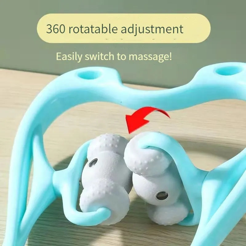 Blue neck massager with 360 degree roller and 96 acupoint nodes for deep tissue pain relief on neck and shoulders
