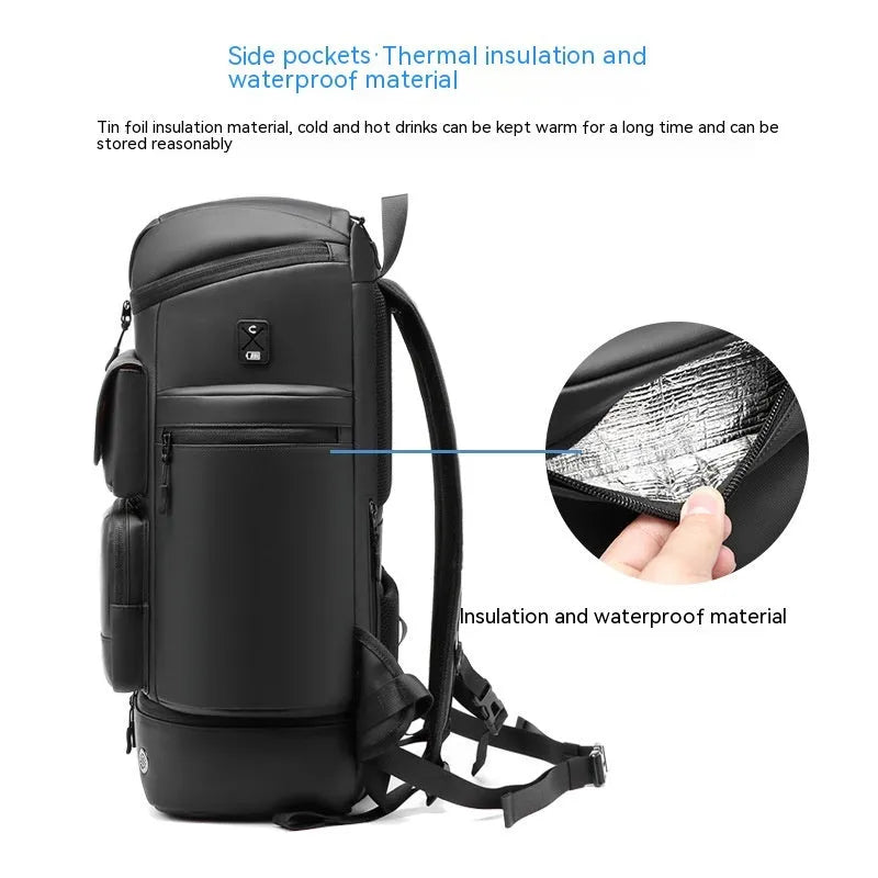 Men's 21 inch waterproof Oxford cloth backpack in black with curved shoulder straps and dry wet separation compartment