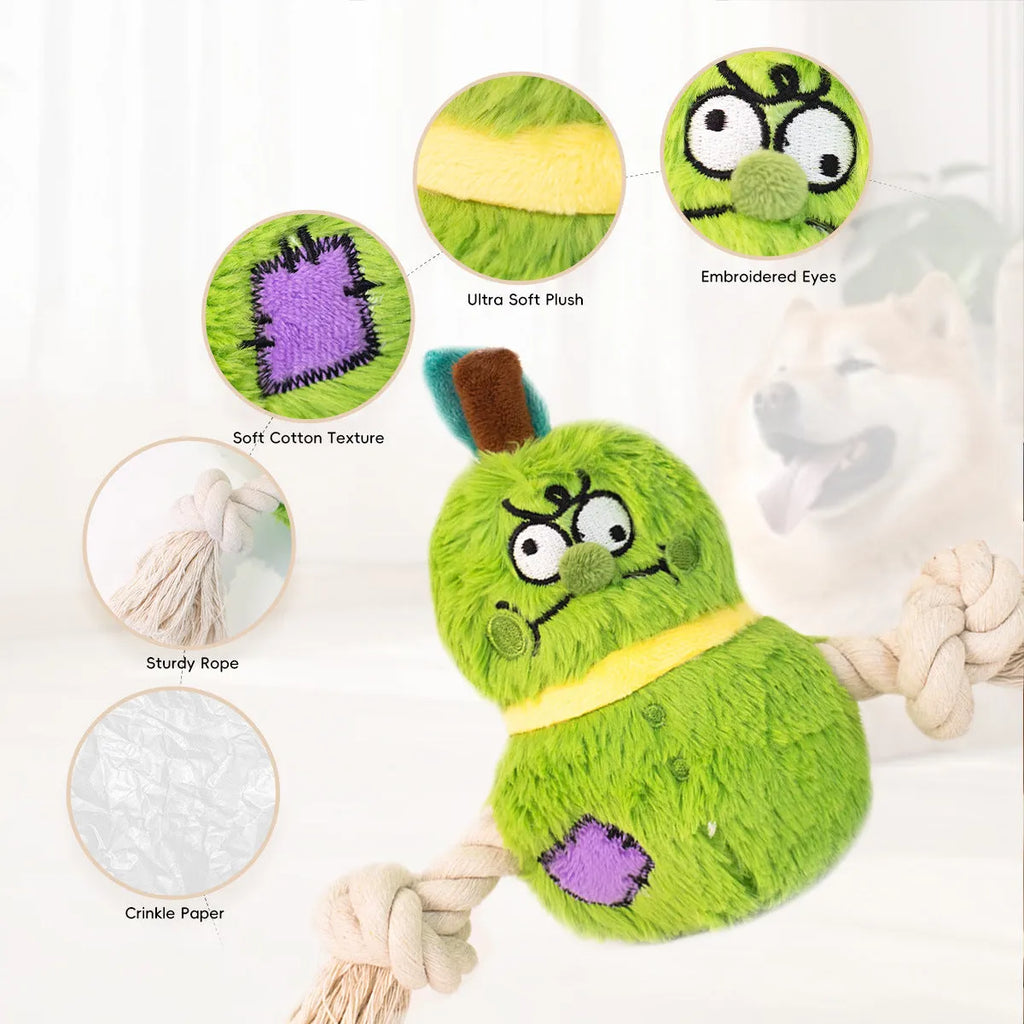 Green and purple interactive plush rope dog toy with knot design and squeaker for tug-of-war games.