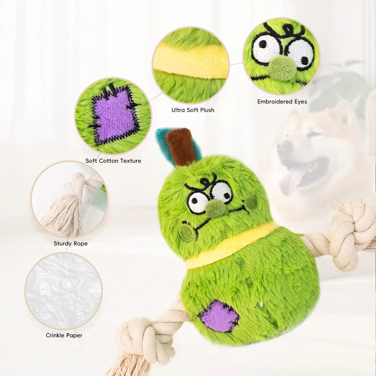 Green and purple interactive plush rope dog toy with knot design and squeaker for tug-of-war games.