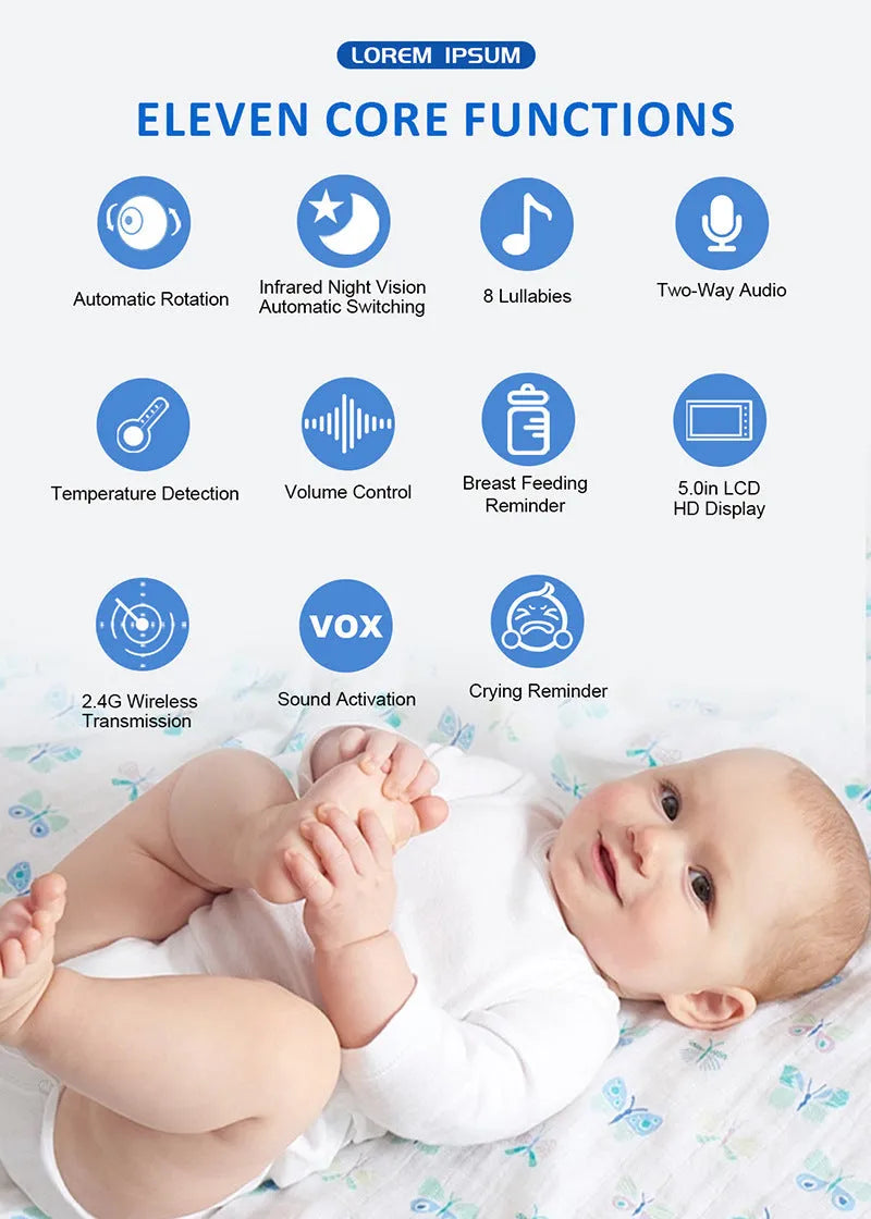 White wireless baby monitor with 5-inch HD screen showing baby room temperature display