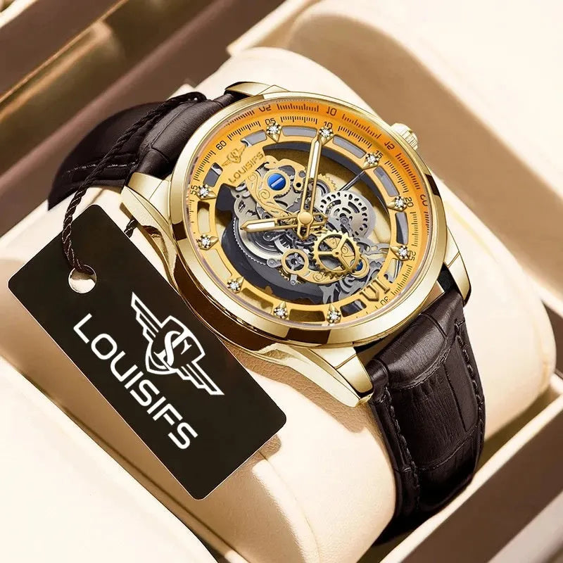 Men's Swiss quartz watch with hollow case design in business style showing three colour options