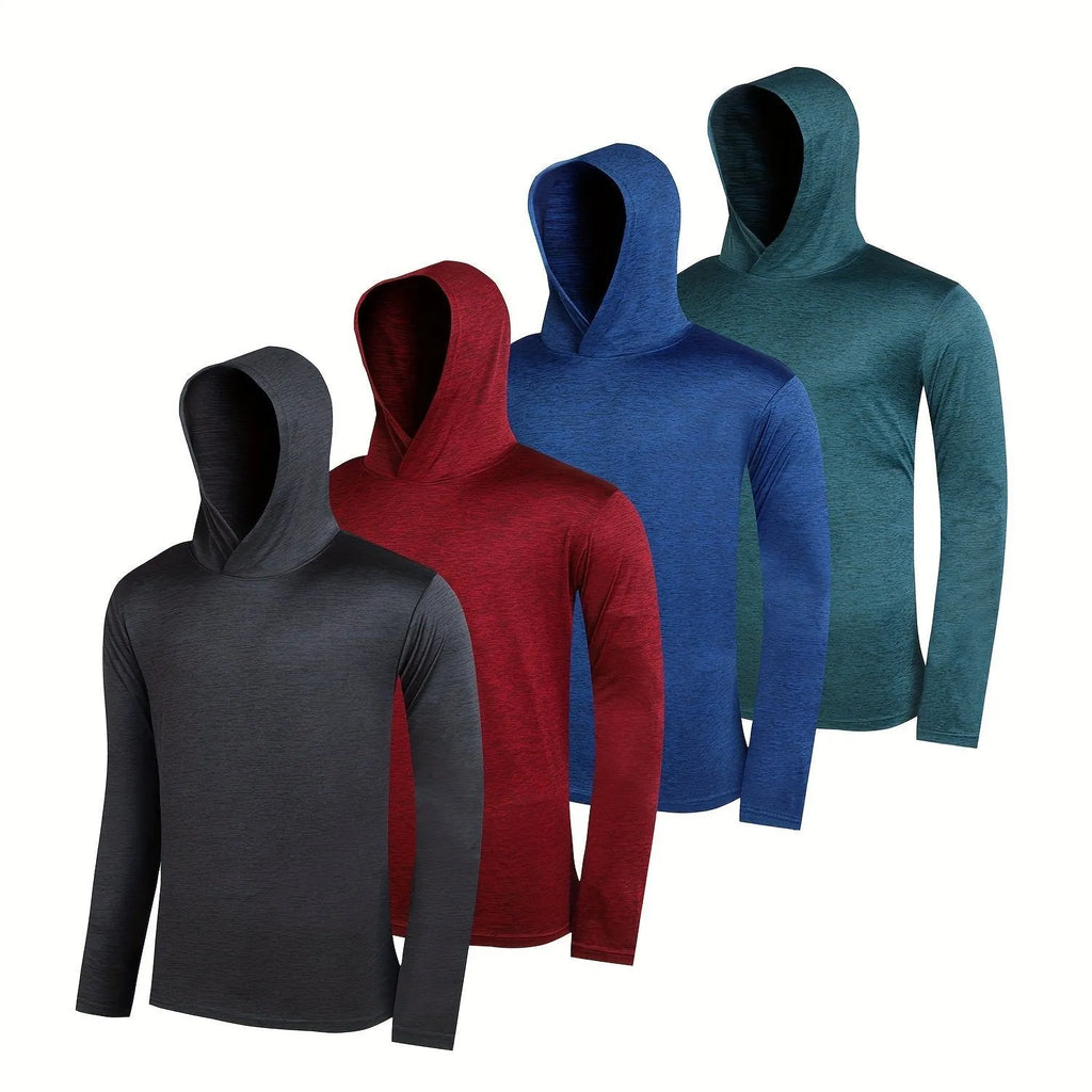 Four men's lightweight polyester hoodies in different colours displayed together as a coordinated set