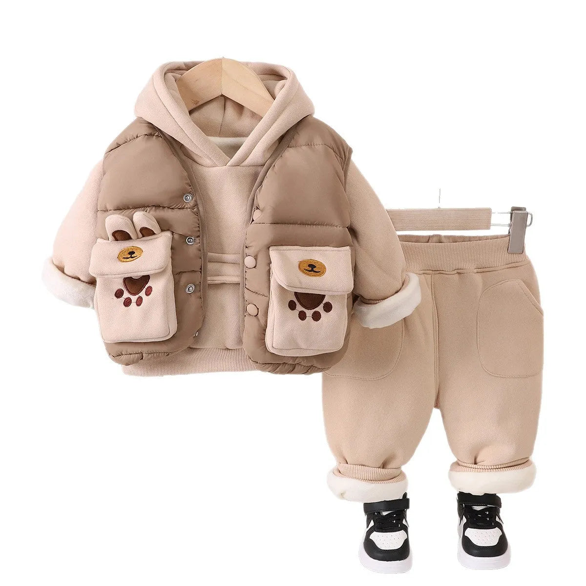 Beige khaki and green boys fleece lined cotton three piece suit with hooded top, trousers, and vest