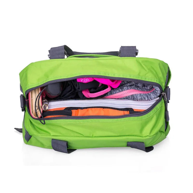 Nylon yoga and gym bag in black, shown in medium and large sizes for fitness equipment.