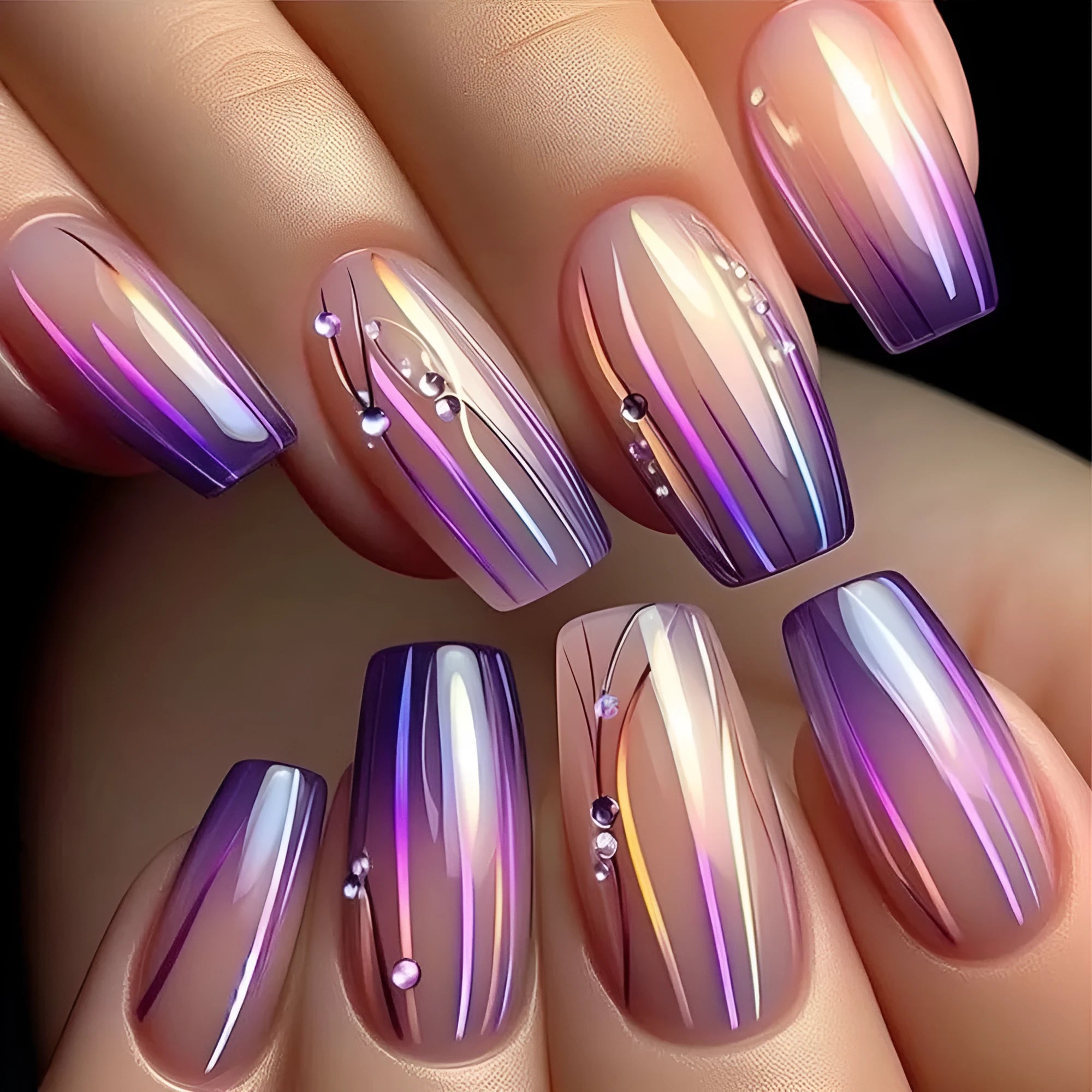 Magic purple gradient nail stickers with starry sky pattern for short nails
