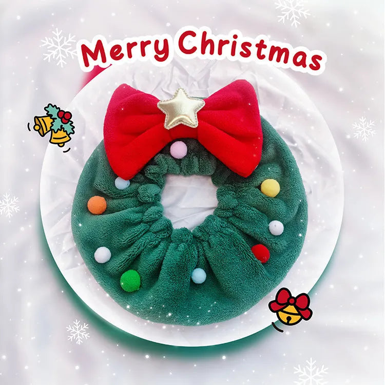 Red bow-knot Christmas pet collar scarf with colourful fuzzy balls on a cat or dog, four sizes available