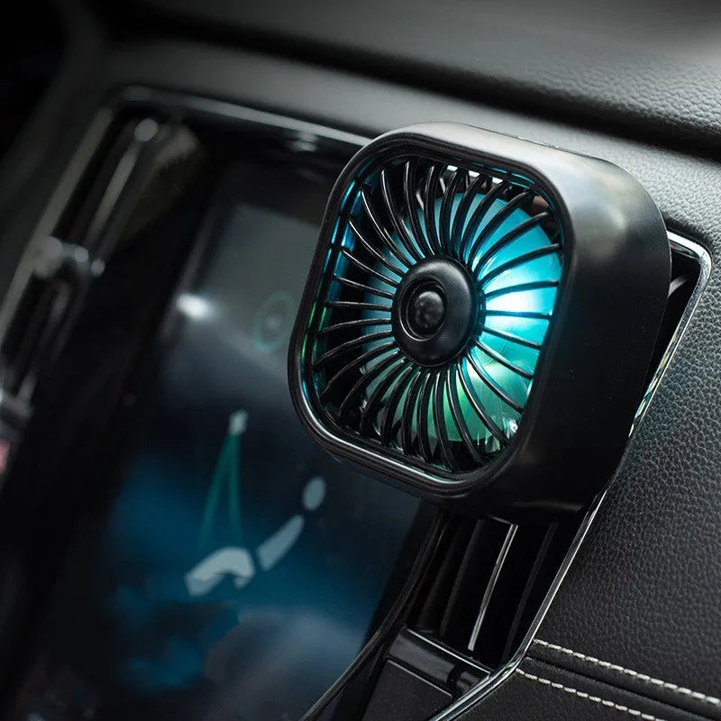Small black USB car fan with three speed buttons on compact dashboard mount
